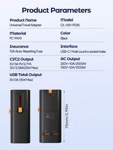Teckwe Ravel 全球通用旅行轉接頭 AC 電源插頭轉接器 壁式充電器，附 USB-C 與 USB-A 充電埠，適用美國、歐盟、英國、澳洲，黑色 - 黑色 - 查看 7