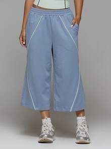 Musera Sport Contrast Colour Piping Loose Fit Elasticated Waist Cropped Active Cropped Sweat Pant Trouser Workout Gym Cute Pilates Fitness Daily - Aqua Blue - View 2