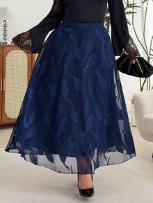Modelyn Elegant Romantic Solid Color Chiffon Jacquard A-Line Regular Spring/Autumn Plus Size Skirt - Navy Blue - View 5