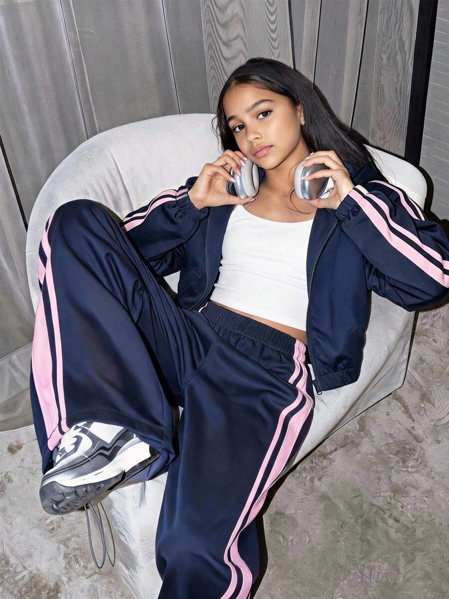 SHEIN 3件組女孩青少年連帽衛衣套裝,長袖開襟短夾克、白色細肩帶背心、鬆緊腰寬腿長褲,休閒日常穿搭,秋季開學校園服飾 - 藏蓝色 - 查看 1