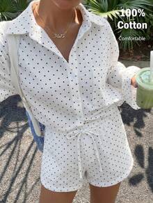 SHEIN EZwear 女款秋季新款休閒度假風黑白波點編織落肩長袖襯衫短褲套裝，適合海灘度假 - 黑與白 - 查看 8
