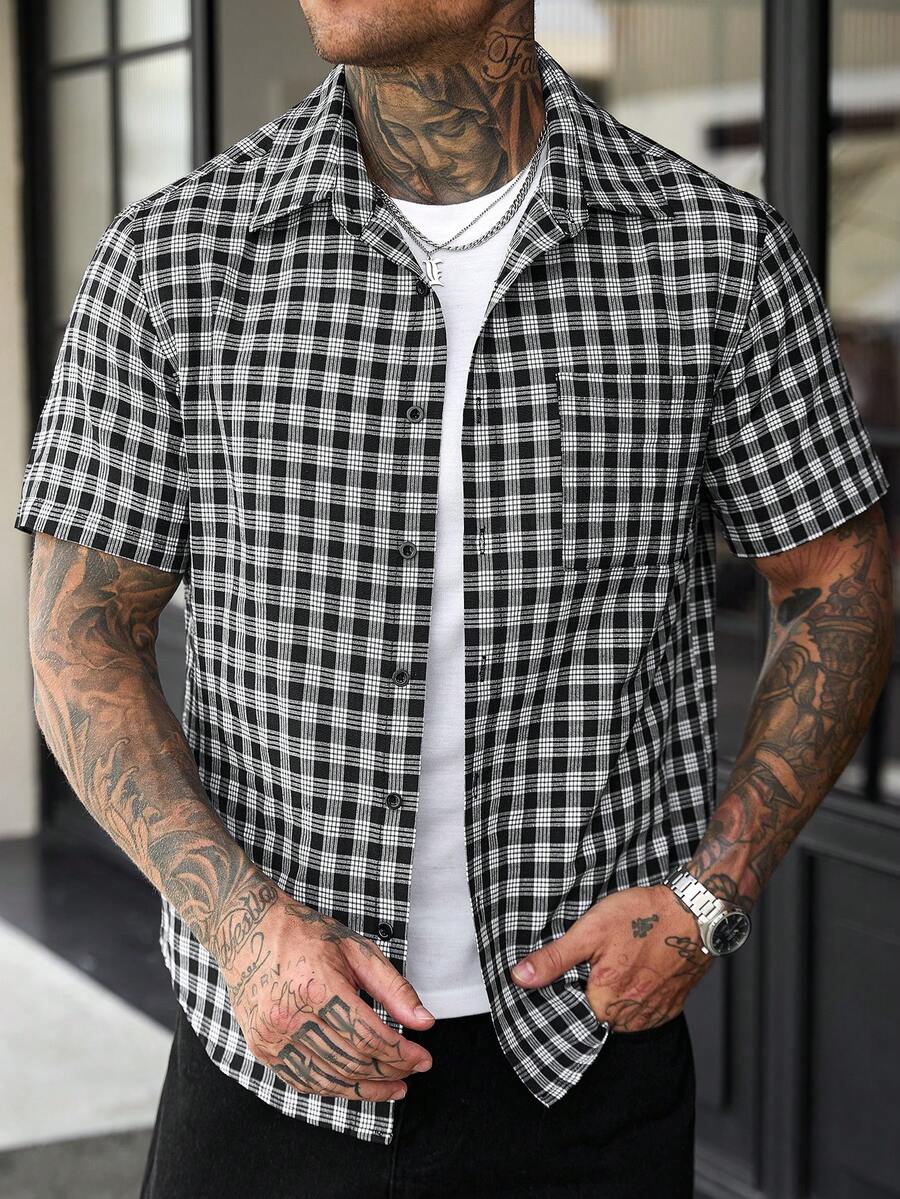 Manfinity CasualCool Men's Plaid Single-Breasted Casual Commute Short Sleeve Shirt - Black and White - View 1