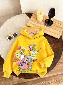 SpongeBob SquarePants | SHEIN GraphicGems 女童春秋連帽衛衣，彩虹藍可愛卡通印花，幼兒園生日仙女公主風 - 黃色 - 查看 4