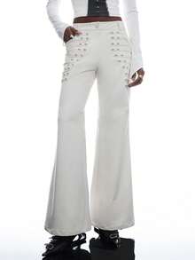 LYSMO Women's Casual Versatile Daily Wear Flare Leg Pants With Pockets And Buttons - Beige - View 7