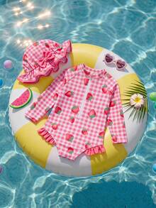 SHEIN Baby Girls Cute Strawberry Print Colorblock Long Sleeve One-Piece Swimsuit And Colorblock Patchwork Bucket Hat Set, Suitable For Beach, Sand, And Pool - Pink - View 5
