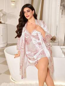 MuseNap CURVE Plus Size Pink Floral Print Nightgown And Robe Set With Pink Lace Trim - Pink - View 5