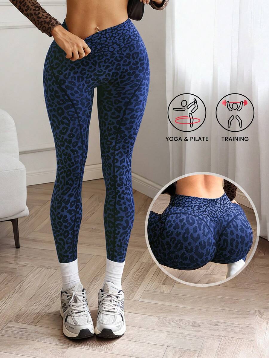Slayform Slayform 1 Peça Legging Cropped Feminina Sem Costura Sexy com Estampa de Leopardo e Linhas que Valorizam as Pernas para Corrida, Fitness, Yoga e Exercícios - Azul Marinho - Visão 1