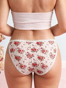 SHEIN Rosa romantiska pastorala plus size-trosor med blommigt tryck och spetspatchwork - Rosa - Visa 2