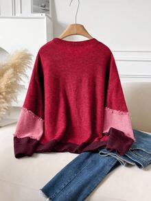 CosyJoli Plus Size Casual Cat Whisker Tassel Color Block Crew Neck Pullover Sweater Autumn Winter Clothes For Women - Red - View 2