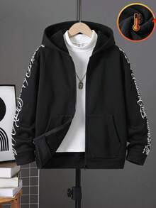 SHEIN Little Byeori 青少年男孩黑色極簡剪影手寫字母花卉連帽衛衣，休閒學院風，舒適時尚，簡約實用百搭，柔軟面料，適合日常穿著、上學、旅行、戶外運動，秋冬季 - 黑色 - 查看 2