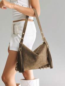 Viva Strut Ladies Bag, Y2K Punk Retro Bag, Metal Ring Decoration, Fringed Decoration, Bohemian  Handbag, Suitable For Campus, Shopping, Festivals, Commuting - Coffee Brown - View 1