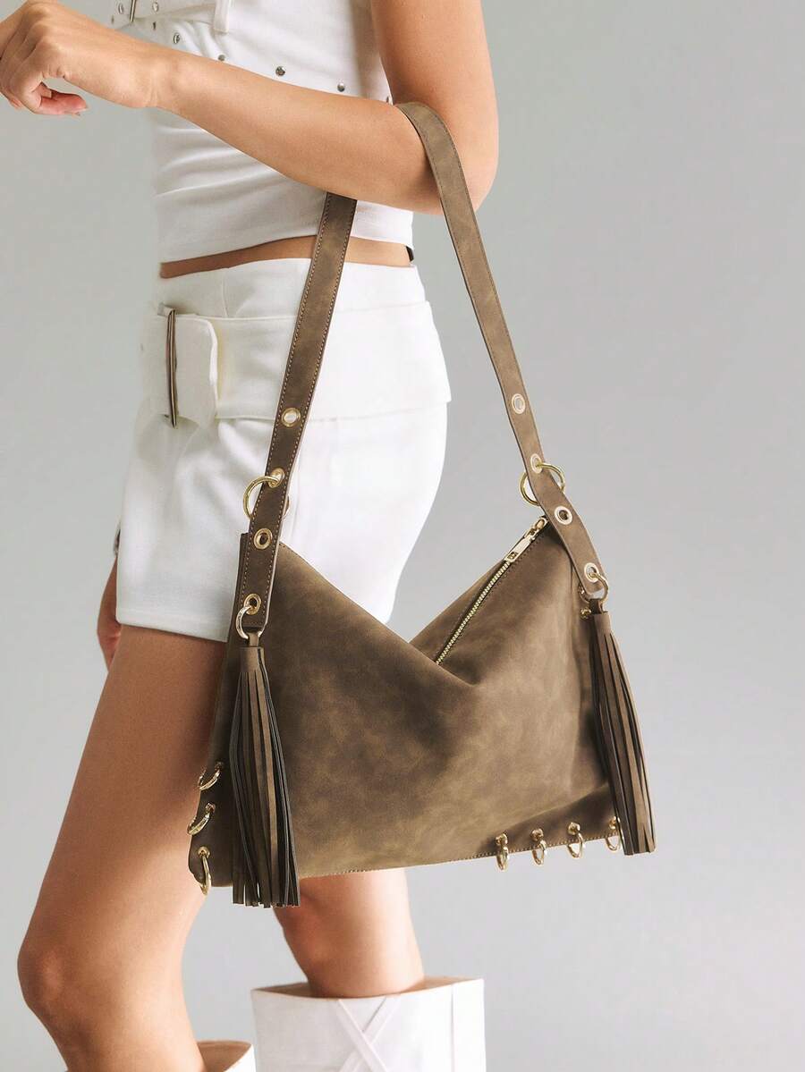 Viva Strut Ladies Bag, Y2K Punk Retro Bag, Metal Ring Decoration, Fringed Decoration, Bohemian Handbag, Suitable For Campus, Shopping, Festivals, Commuting - Coffee Brown - View 1