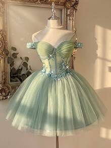 Lovelzi Women's 3D Floral Decor Mesh Ball Gown Dress - Green - View 2