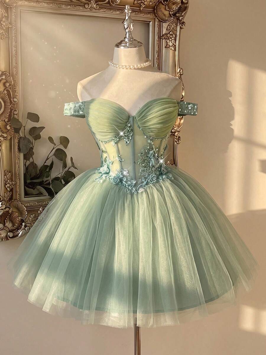Lovelzi Women's 3D Floral Decor Mesh Ball Gown Dress