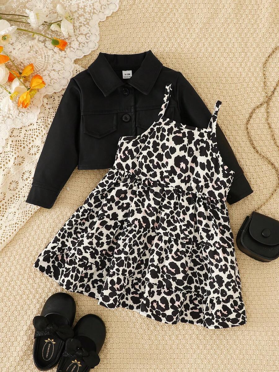 SHEIN Vintaside Kids 女嬰純色長袖單排扣夾克與豹紋細肩帶洋裝套裝 - 黑色 - 查看 1