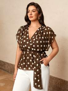Juhart Plus Size V-Neck Sleeveless Polka Dot Front Tie Blouse - Coffee Brown - View 4