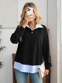 EMERY ROSE Women's 2 In 1 Patchwork Casual Preppy Versatile Daily Wear Long Sleeve Sweatshirt Blue And White Stripe Autumn Teachers' Day Office School - Black - View 4