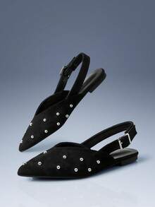 CUCCOO GRLICON Black Velvet Pointed Rivets Back Strap Flat-Soled Shoes Women's Retro Versatile And Thin Mary Jane Shoes Fall Shoes - Black - View 3
