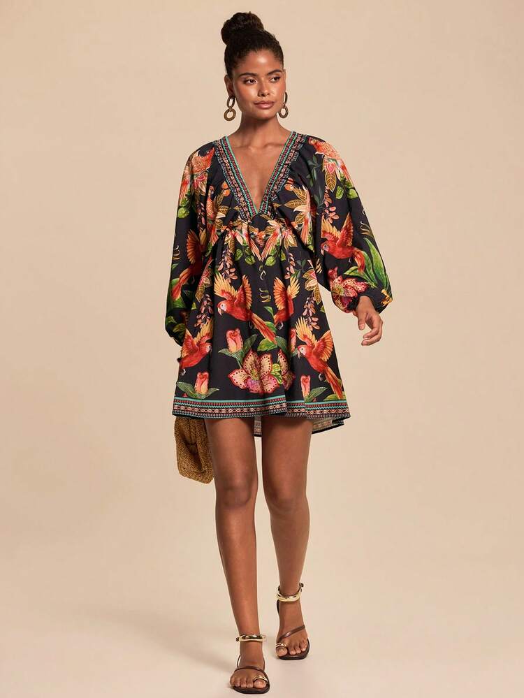 Travachic Women's Elegant Deep V-Neck Long Sleeve Vacation Dress With Parrot And Pineapple Print - Black - View 4