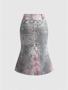 Sweetness Vintage Washed Floral Print Asymmetrical Fishtail Denim Skirt For Women - Blue - View 2