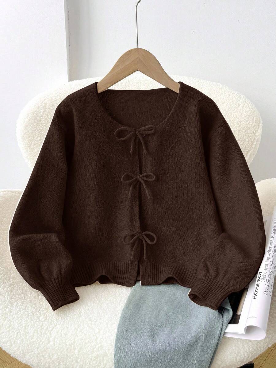 SHEIN 少女米色開襟衫,秋季休閒度假返校簡約舒適圓領長袖蝴蝶結少女冬季毛衣,波點 - 咖啡棕 - 查看 1