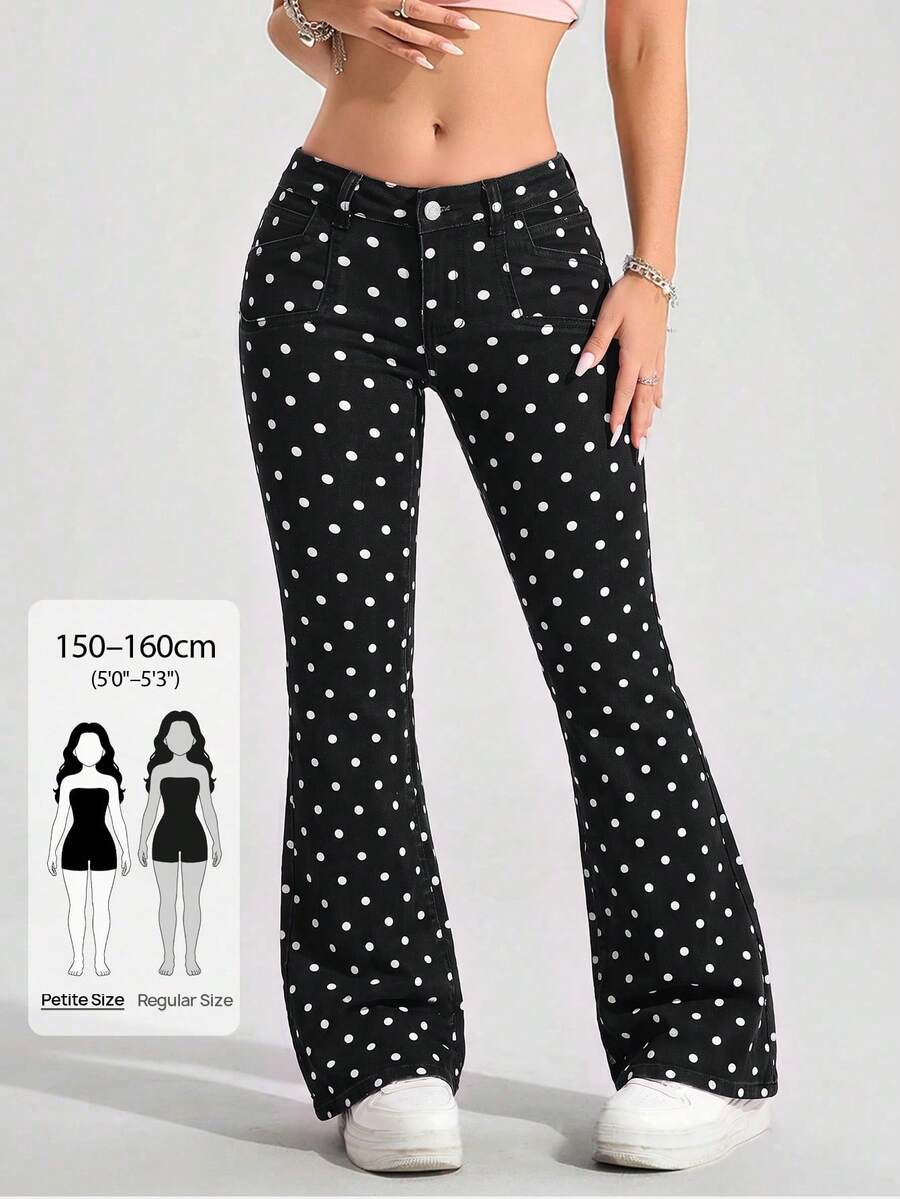 SHEIN PETITE 女款波點鈕扣休閒百搭日常穿著牛仔褲 - 黑色 - 查看 1