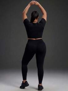 Powerista Women's Plus Size  Summer Gym And Workout Athletic Withe Letter Print Short Sleeve Top And High Waist Leggings Sport Set Casual Daily Sports Outfit - Black - View 7