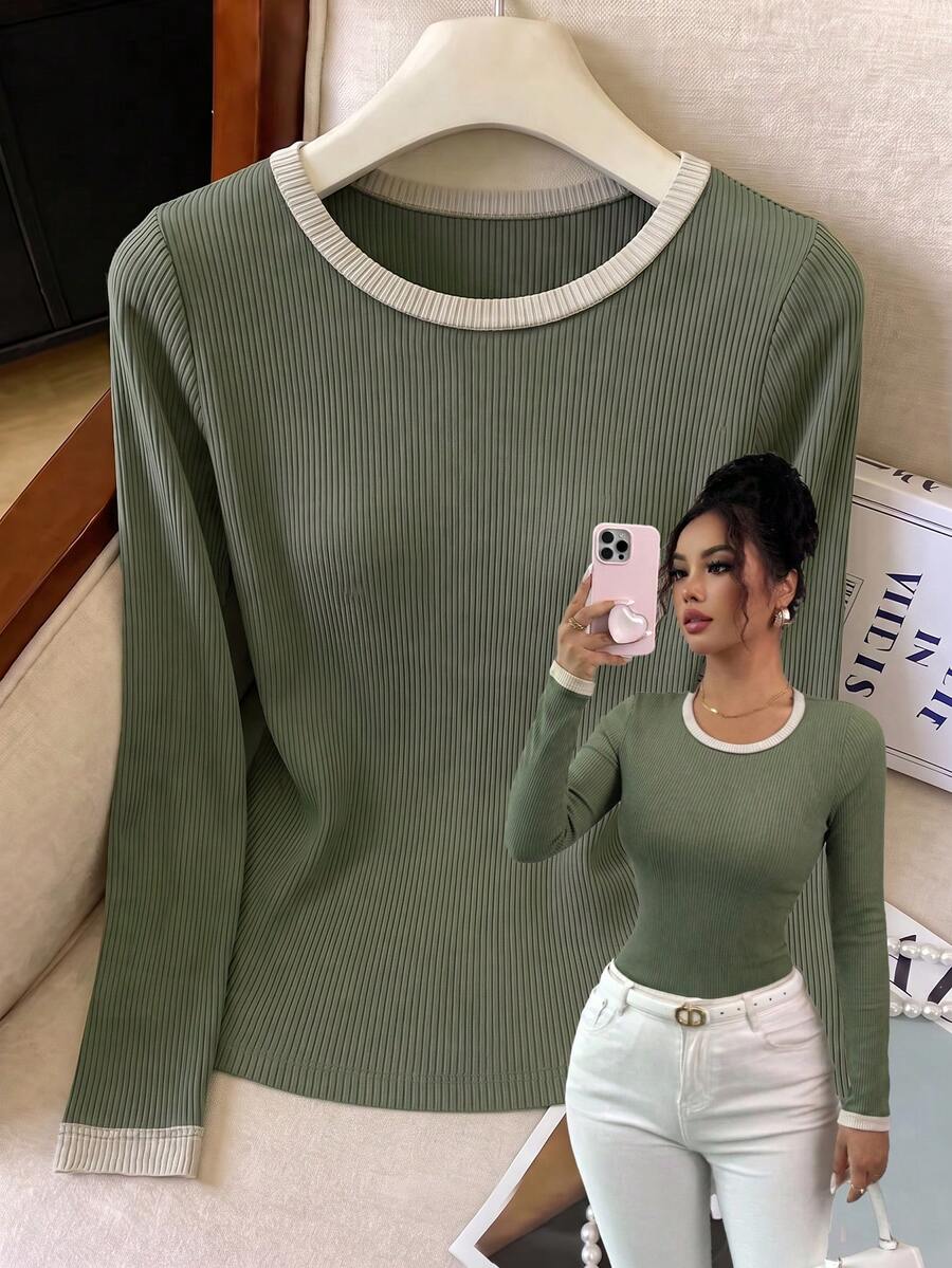 Selianne Kaos Wanita Elegan Hijau Sage untuk Sekolah, Kasual Komuter dan Acara Musim Semi & Gugur, Ribbed Colorblock, Leher Bulat Kecil, Slim Fit Pinggang, Lengan Panjang - Hijau - View 1