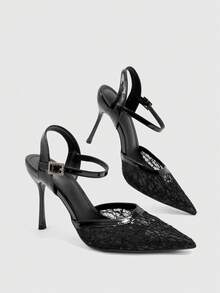 CUCCOO BIZCHIC Simple Rear Empty Buckle Strap Stiletto High Heels, Daily Commuting Versatile Women's Shoes - Mesh Black-2 - View 5