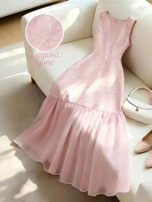 GlowEve CURVE Women's Plus Size Jacquard Shiny Dusty Pink Patchwork Chiffon Mid-Length Dress Wedding Evening Summer Elegant - Pink - View 1