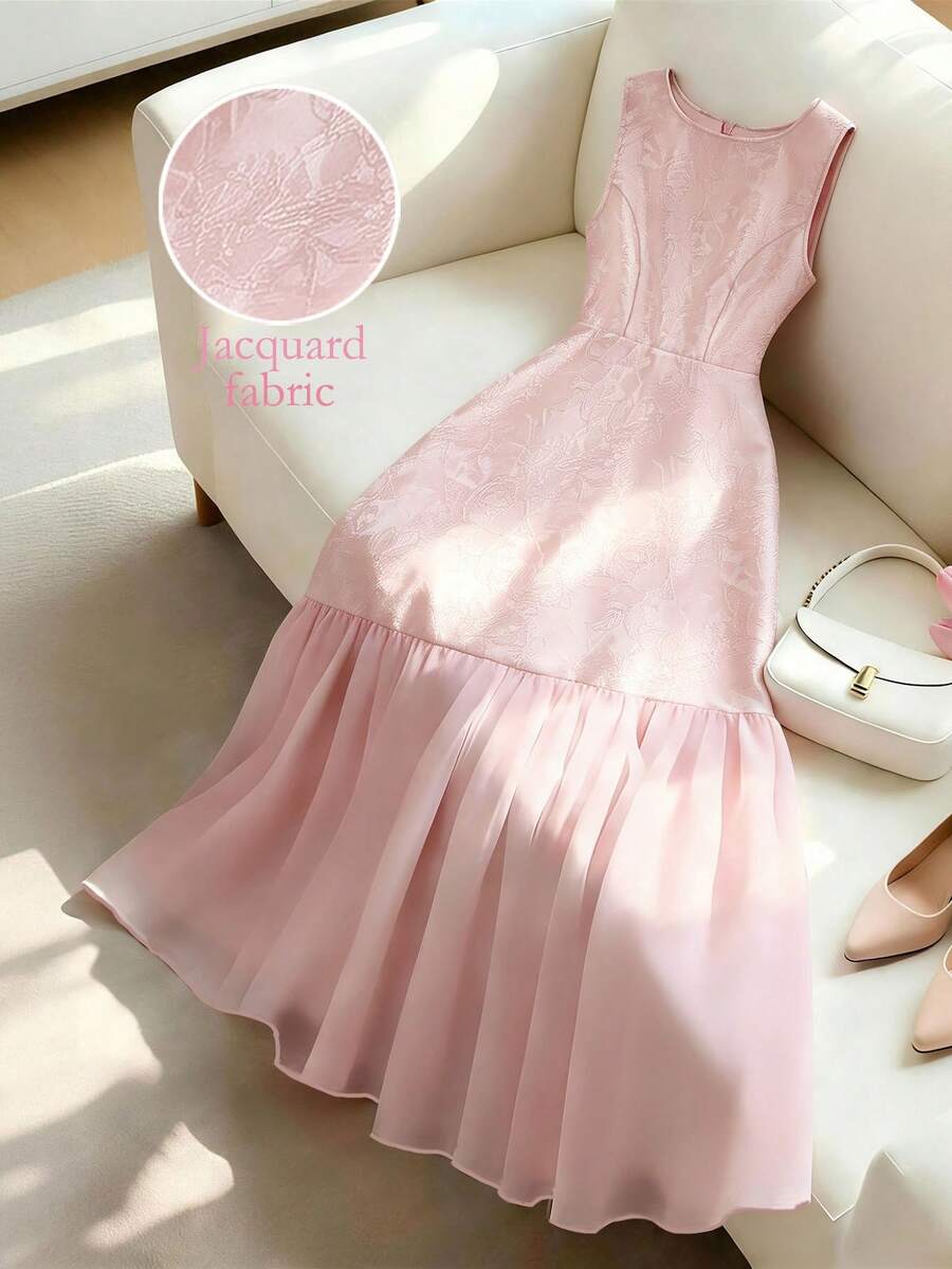 GlowEve CURVE Women's Plus Size Jacquard Shiny Dusty Pink Patchwork Chiffon Mid-Length Dress Wedding Evening Summer Elegant - Pink - View 1