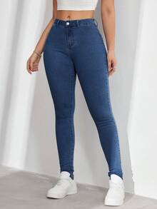 SHEIN ICON 大尺碼女款休閒舒適淺藍色彈性牛仔褲 - 中等水洗藍 - 查看 7