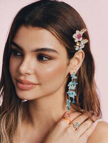 Popjeli A Summer Mori Small Fresh Butterfly Fringed Earrings. - Blue - View 3