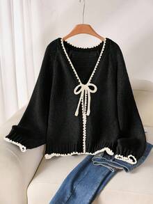 CosyJoli Plus Size Casual Sweater With Tie Bow Contrast Trim Cardigan In Fall/Winter - Black - View 8