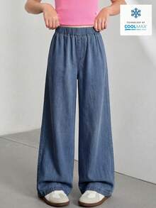 SHEIN 青少年女孩牛仔褲 夏季新品 休閒學院風 淺藍色丹寧彈性腰寬腿褲 柔軟涼爽天絲面料 日常百搭 可搭配T恤、連帽衫，適合學校、日常外出，春夏穿著 - 深色水洗藍 - 查看 1