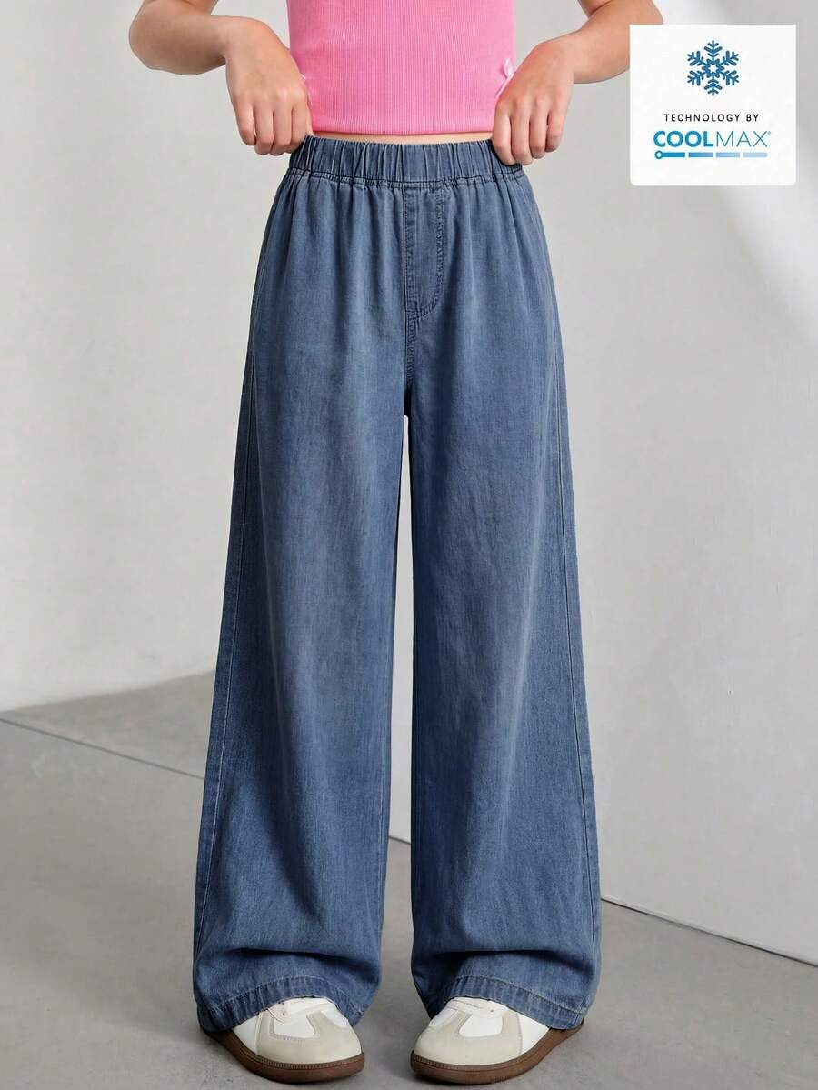 SHEIN 青少年女孩牛仔褲 夏季新品 休閒學院風 淺藍色丹寧彈性腰寬腿褲 柔軟涼爽天絲面料 日常百搭 可搭配T恤、連帽衫，適合學校、日常外出，春夏穿著 - 深色水洗藍 - 查看 1