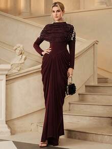 Anewsta Affair Gaun Malam Mewah Wanita Elegan Berwarna Burgundy dengan Hiasan Renda dan Patchwork untuk Acara Pernikahan dan Pesta. - Burgundy - View 3