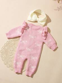 SHEIN 0-3 Months Baby Girl Knitted Romper, Button Front, Bow Tie, Newborn Photography Outfit - Baby Pink - View 5
