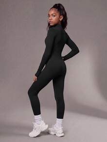 SHEIN Tween Girls Seamless Ribbed Long Sleeve Activewear Jumpsuit Mock Neck Half Zip Thumbhole Athletic Stretchy Tight, Fall Clothes, Halloween, School - Black - View 2