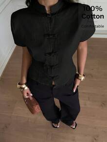 Siren Gaze Women's Solid Color Short Sleeve Stand Collar Frog Button Design Cropped Shirt - Black - View 3