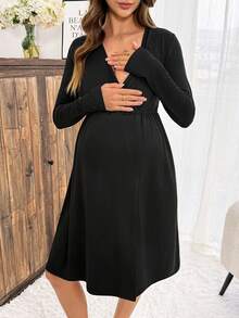 Slowluna Maternity Solid Color Long Sleeve Maternity Dress - Black - View 5
