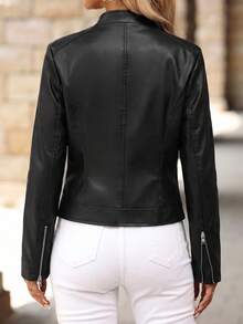 SHEIN Clasi 女款純色PU皮革拉鍊前開斑馬紋內裡長袖夾克 - 黑色 - 查看 2