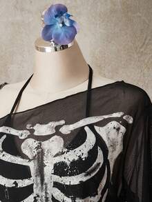 SHEIN ICON 大尺碼女款萬聖節骷髏印花網紗上衣 - 彩色 - 查看 4