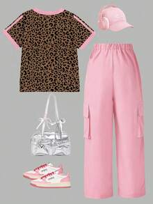 SHEIN 青少年女孩休閒極簡百搭豹紋撞色T恤與工裝褲兩件套，春/秋季 - 彩色 - 查看 2