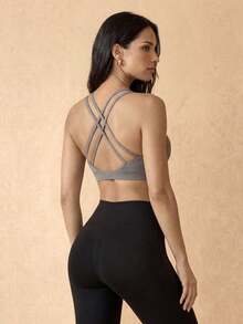Silquee Solid Criss Cross Back Sports Bra - Grey - View 2