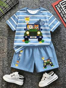 SHEIN LMoss Kids 男嬰休閒極簡卡通圖案短袖T恤與短褲套裝，適合夏季 - 彩色 - 查看 2