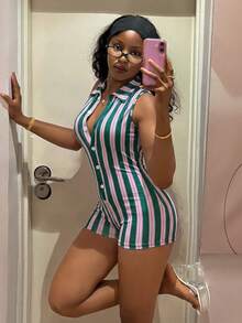 StreetHx Women's Green And Pink Collared Jumpsuit Club Night Summer Sexy - Multicolor - View 4