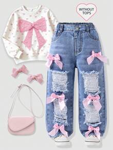 SHEIN Young Girl'Loose Straight Leg Jeans,Distressed Light Blue Streetwear,Sweet Pink Bow Decor,Multiple 3D Pockets,Versatile All Seasons Ripped Jeans,Blue - Medium Wash - View 5