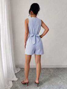 Elenzga Women's Spring/Summer Exquisite Elegant Commuter Blue And White Striped V-Neck Small Circle Decorative Buckle Bow Tie Design Sleeveless Fitted Slim Versatile Jumpsuit - Blue - View 2