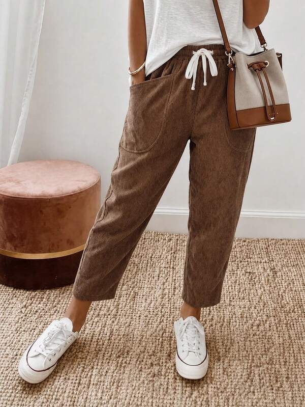 Breezaya Women's Fashion Casual Retro Tapered Corduroy Pants, Autumn/Winter Daily Commute Pocket Design Pencil Straight Leg Pants